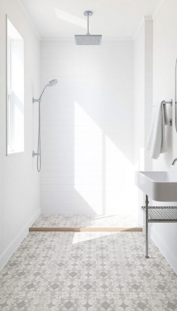 A curbless shower with patterned geometric floor tiles in a bright, minimalist bathroom, showcasing visual interest without clutter.