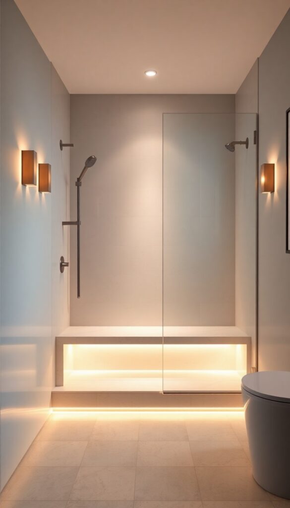 A modern curbless shower with ambient lighting from LED strips and sconces for mood and function in a bright bathroom.