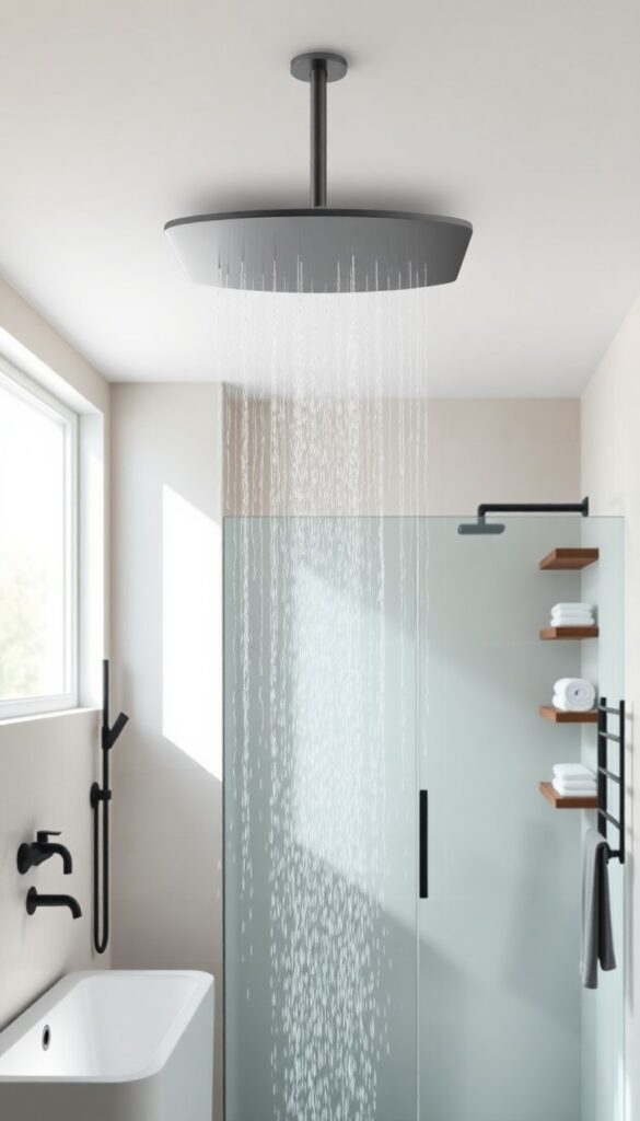A modern bathroom showcasing an oversized rainfall showerhead with minimalist design under bright natural light, creating a luxurious and uncluttered spa-like atmosphere.