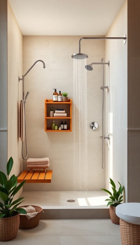 A luxurious rainfall shower with warm wood accents including a teak bench and bamboo shelving, creating a cozy, inviting bathroom space with natural light and earthy tones.