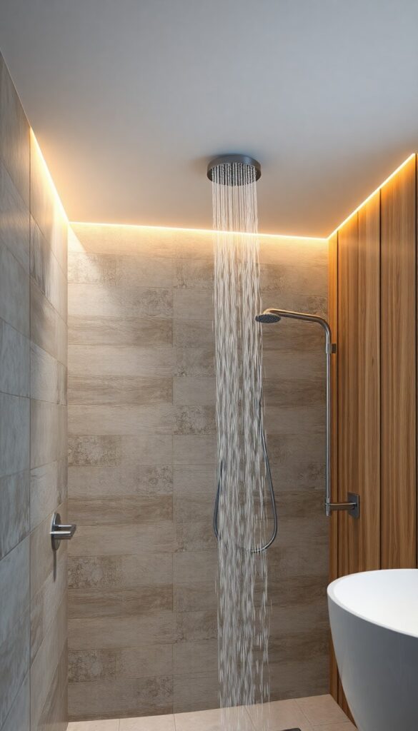 A luxurious modern bathroom with dimmable LED lighting around a rainfall shower, creating customizable ambiance in natural light.