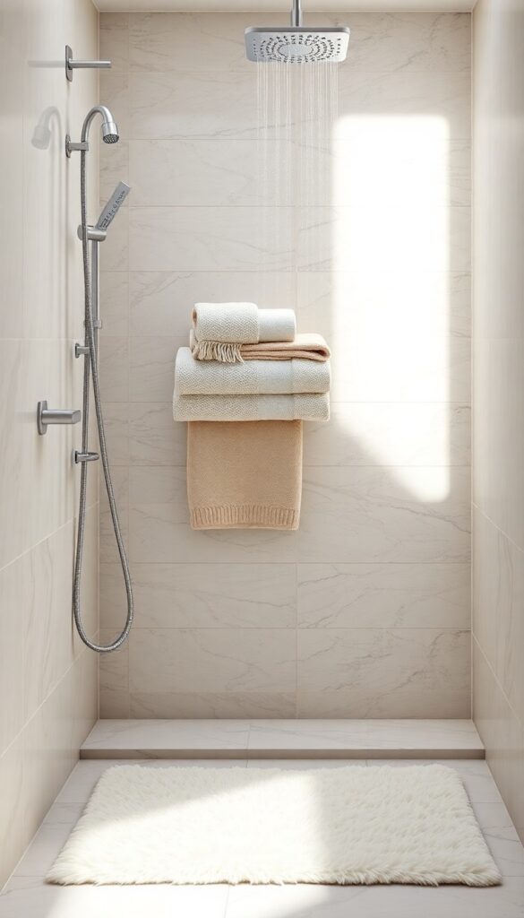 A luxurious bathroom with plush towels and a soft mat layered near a rainfall shower for added comfort and visual richness.
