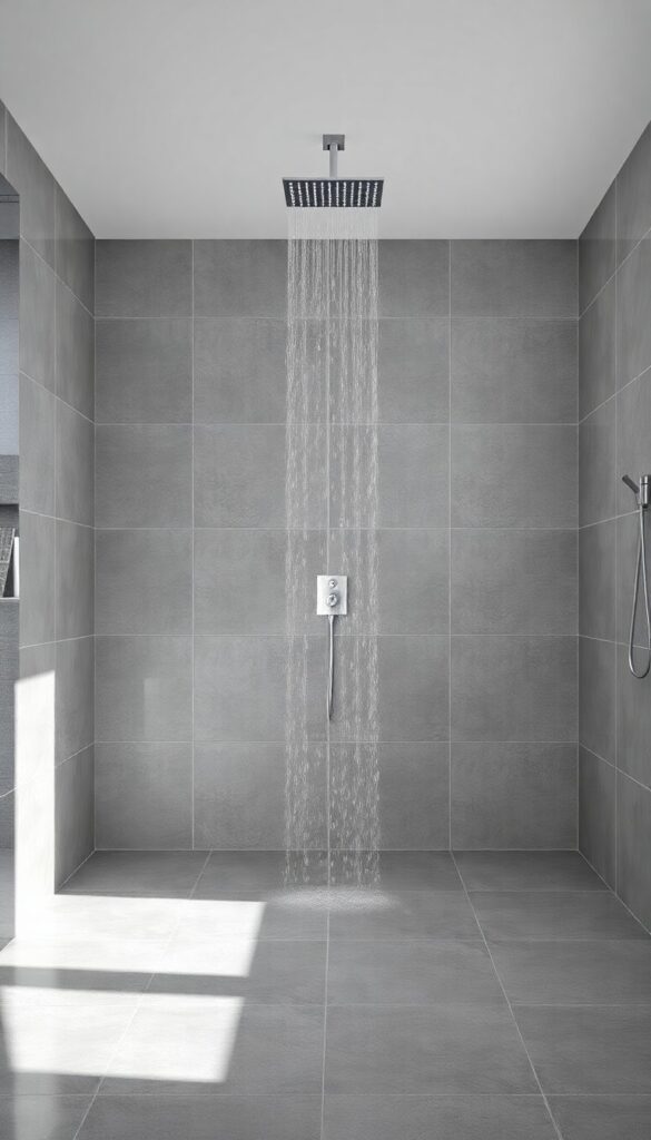 A luxurious bathroom with a seamless gray tile backdrop and rainfall showerhead in bright natural light.