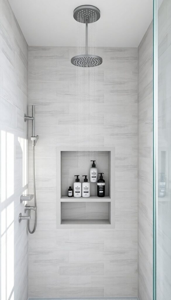 A built-in niche storage shelf in a rainfall shower bathroom with matching tiles and organized toiletries.