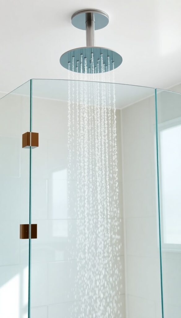 A photorealistic image of a luxurious bathroom featuring a rainfall showerhead with water flowing down inside a frameless glass enclosure. The bright natural light enhances the open and spacious feel of the room.