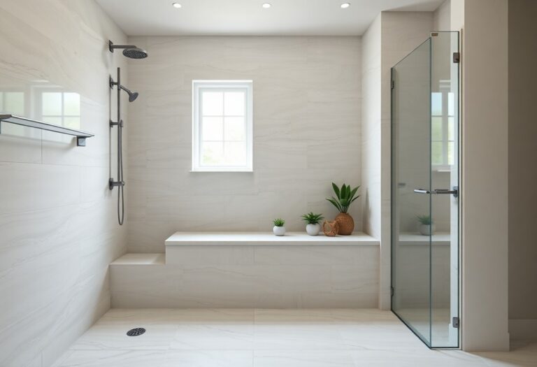 Modern walk-in tile shower with built-in bench, neutral tiles, natural light, and decorative plants, showcasing comfort and style in a bathroom setting.