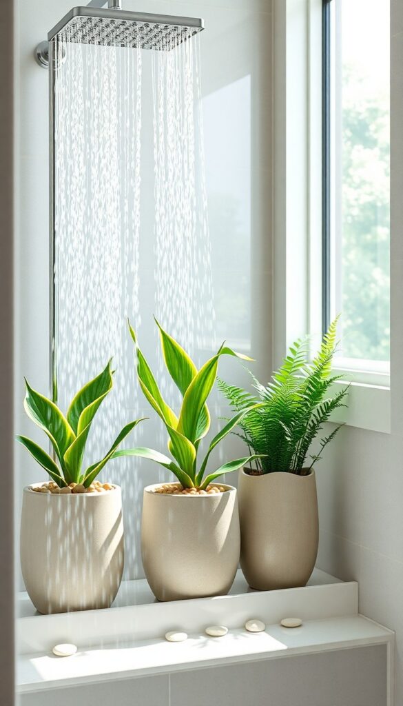 A photorealistic bathroom scene featuring a rainfall shower with water-resistant plants in ceramic pots on a shelf, showcasing natural light and spa-like decor for relaxation.