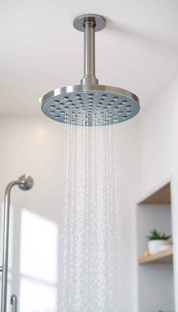 A modern bathroom with an adjustable rainfall showerhead offering multiple spray patterns, set in bright natural light with clean design and spa-like ambiance.