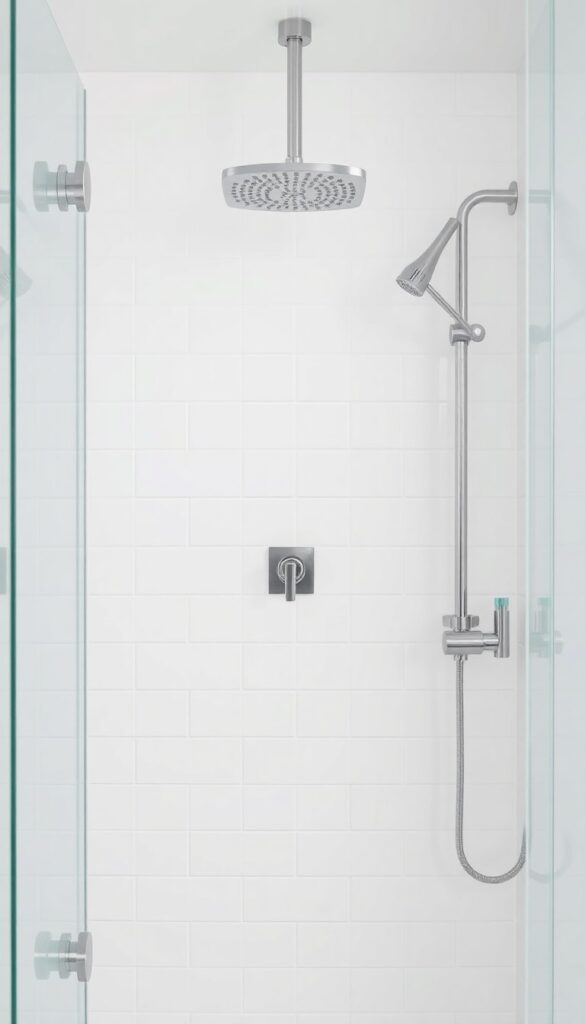 Minimalist chrome hardware and fixtures in a rainfall shower bathroom, showcasing clean lines and cohesive design for a modern, luxurious look.