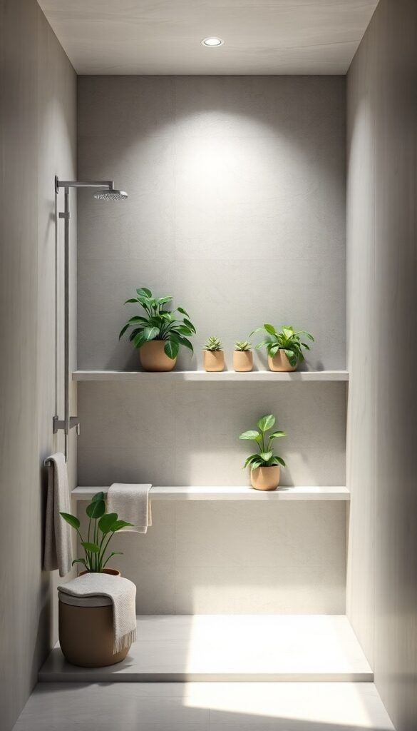 A minimalist concrete shower enclosure with built-in shelves holding greenery, showcasing a modern, low-maintenance design in bright natural light.