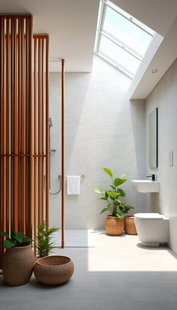 A bamboo partition shower with natural light filtering through slatted screens in a bright bathroom, featuring neutral tiles, potted plants, and woven baskets for an eco-friendly, serene home decor look.