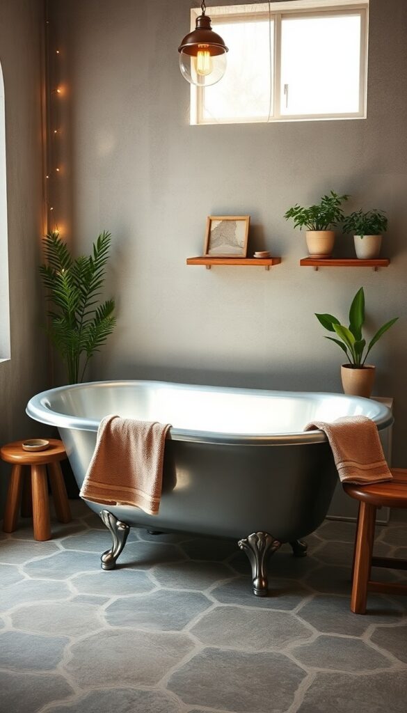 A vintage clawfoot tin tub on textured stone tiles in a rustic off-grid shower setup with natural light, towels, wooden accessories, soft lighting, and plants.