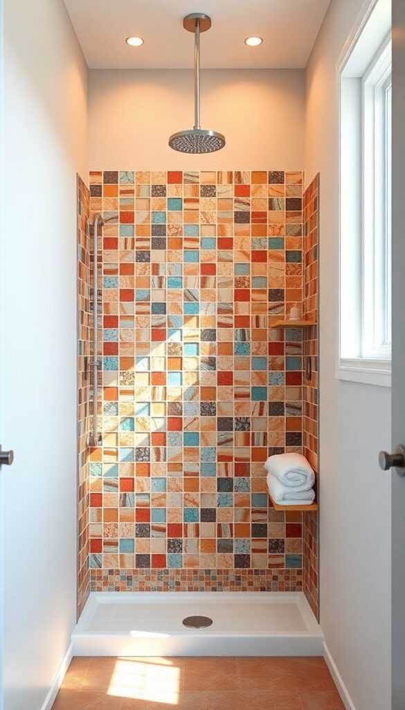 Compact corner shower with vibrant tile mosaic in earthy tones like terracotta and sea glass in a small bathroom with natural light.
