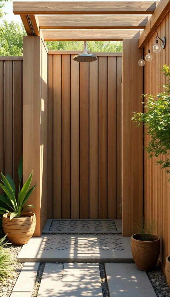 Outdoor shower with slatted wood walls in a natural garden setting, showcasing rustic design with ventilation gaps, earthy colors, and cozy lighting.