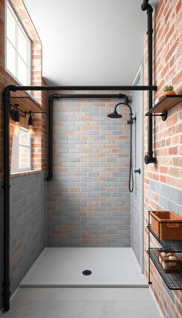 Industrial pipe shower with exposed brick walls in a modern bathroom setting