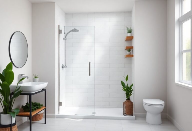 Modern small stand-up shower with glass doors, floating shelves, and plants in a bright, cozy bathroom.