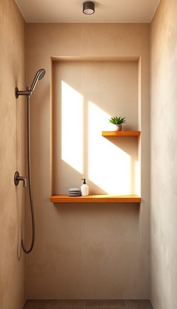 A cozy niche shower with built-in shelving in warm wood tones, featuring recessed storage for toiletries in a bright, natural-lit bathroom with earthy tiles and minimalist decor.