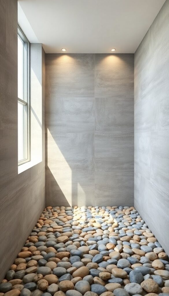 A sunken shower with pebble flooring in a bright, natural-lit bathroom, showcasing textured stones and neutral tiles for a spa-like retreat.