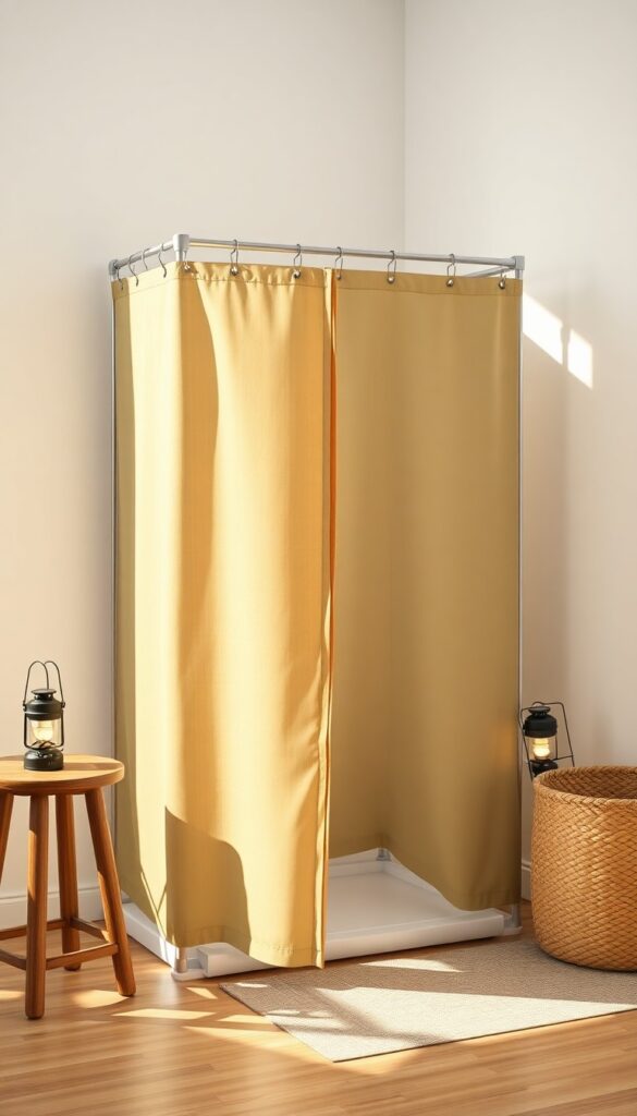 A portable camp shower with a canvas curtain in an indoor setting, featuring natural textures like wood and woven baskets under soft lighting.