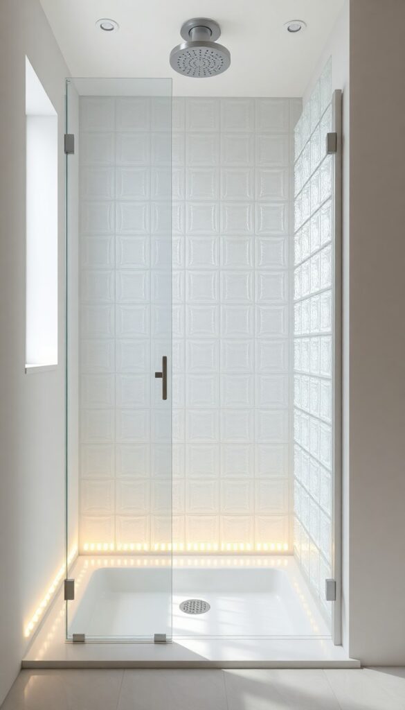 A modern glass block shower with frosted blocks and soft LED lighting in a bright, minimalist bathroom, showcasing practical and stylish off-grid design inspiration.