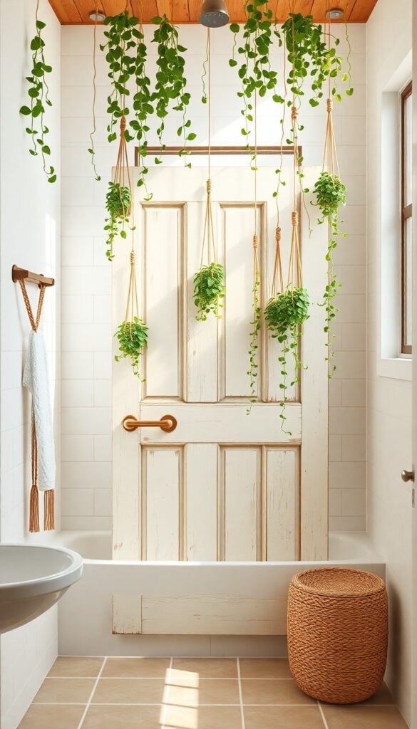 A repurposed wooden door used as a shower screen in a bathroom with hanging plants and natural light.