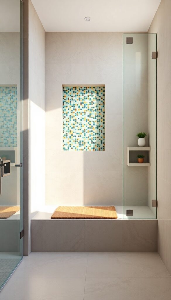 A budget-friendly walk-in tile shower with a mosaic accent wall and built-in bench, showcasing vibrant tiles against neutral backgrounds for comfort and style.