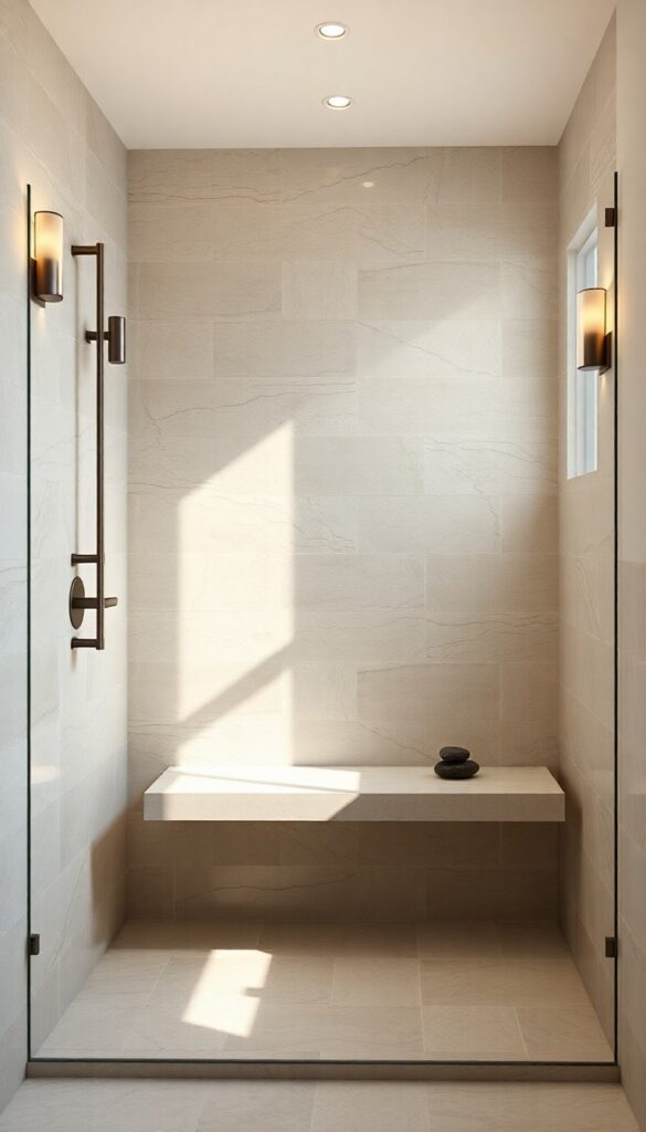 A walk-in shower with large natural stone tiles and a floating seat in bright natural light