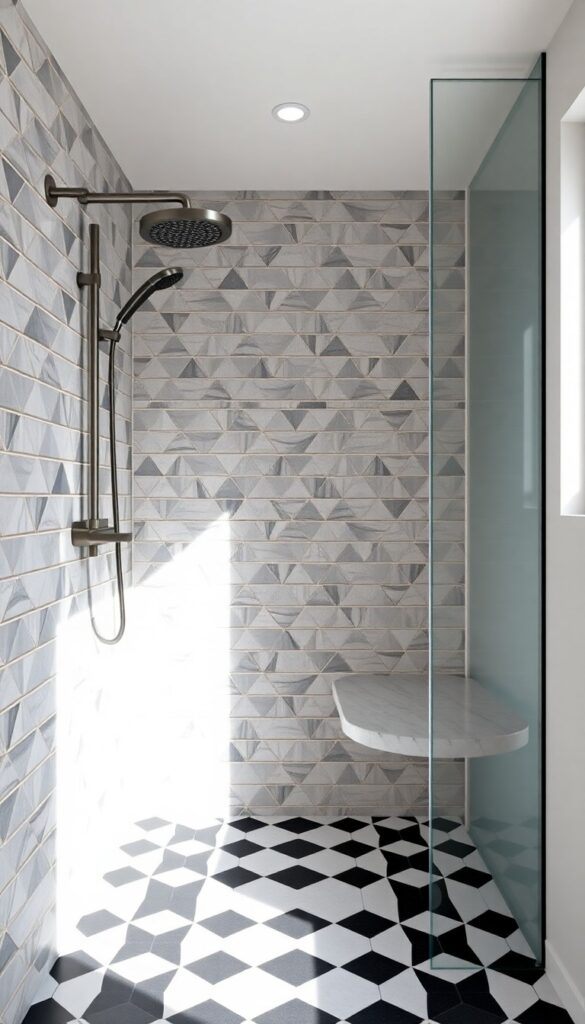 A modern walk-in shower with geometric pattern tiles and an integrated seat in bright natural light.