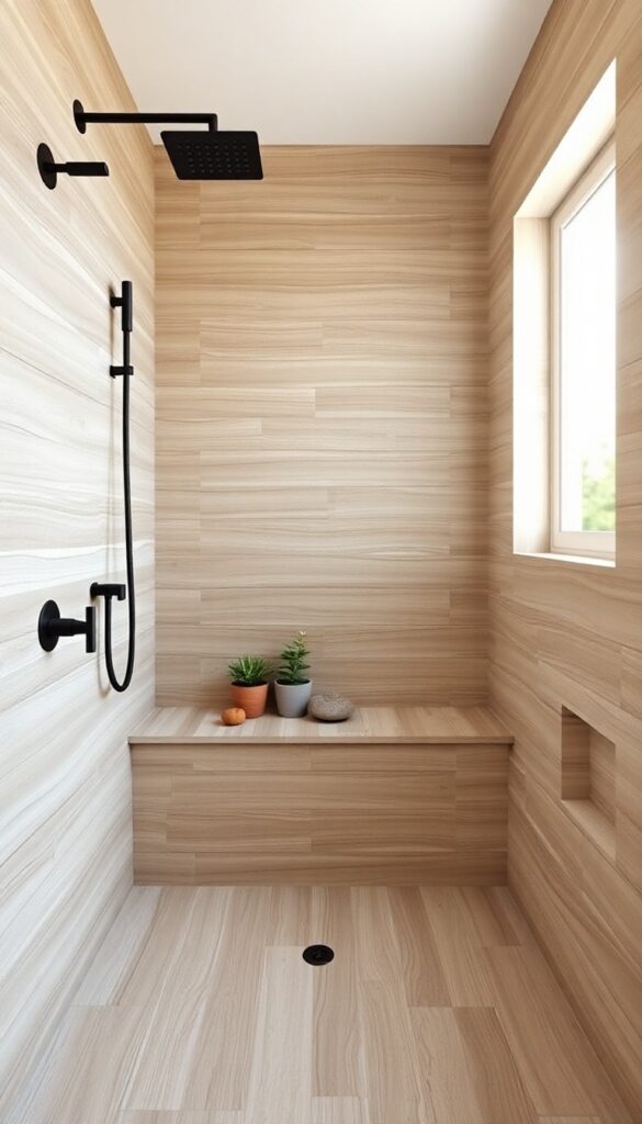 Rustic wood-look tile shower with corner bench in natural light