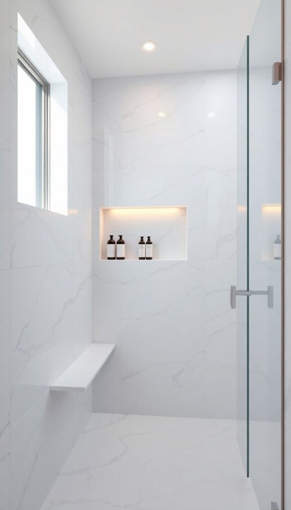 Modern walk-in shower with monochromatic marble tiles, built-in seat and niche in bright natural light
