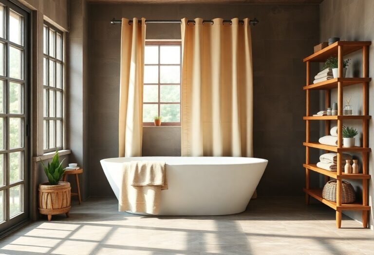 Rustic bathroom with a linen shower curtain, wooden accents, and natural light, showcasing cozy home decor ideas.