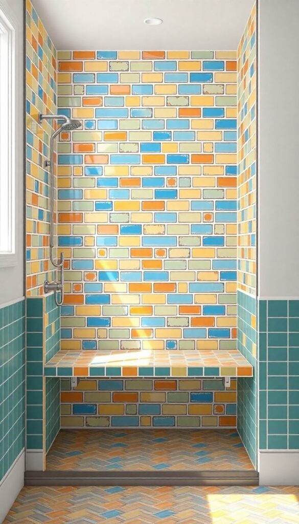 A walk-in tile shower with colorful subway tiles in a herringbone pattern and a tiled bench top for comfort and style.