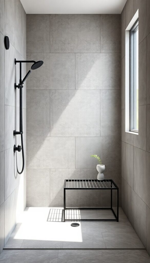 Industrial concrete-look tile shower with metal-framed seat in a bright, modern bathroom