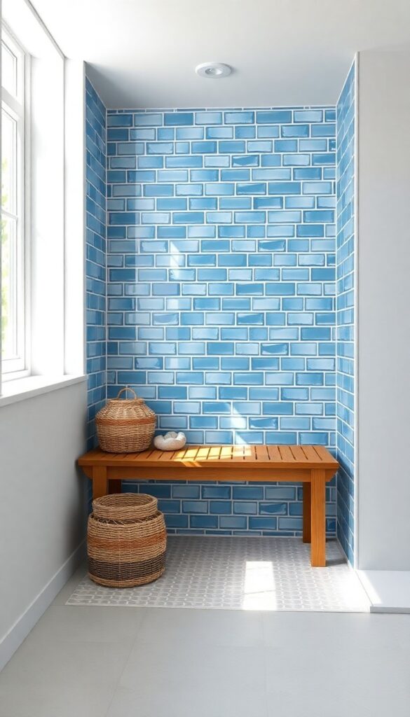 Walk-in shower with coastal blue tiles and a teak bench in a bright bathroom