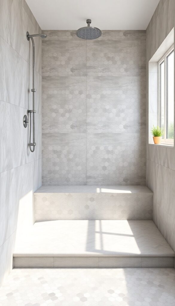 Hexagon tile shower with curved bench design in bright natural light, showcasing modern and organic home decor style.