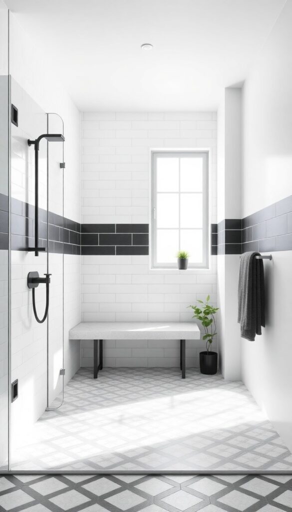 A photorealistic image of a walk-in shower with black and white contrast tiles and a sleek bench for comfort and style.