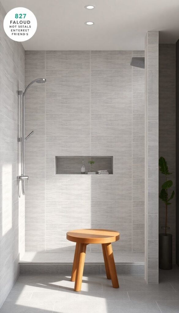 A walk-in shower with textured 3D tiles and a recessed seat in neutral gray tones, showcasing modern home decor inspiration with natural light and minimalist styling.