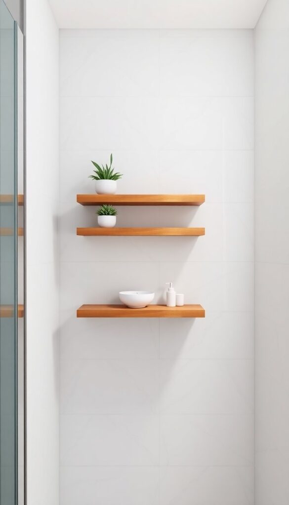 A small stand-up shower with floating shelves above it, featuring minimalist storage items like a soap dish and plant in bright natural light.