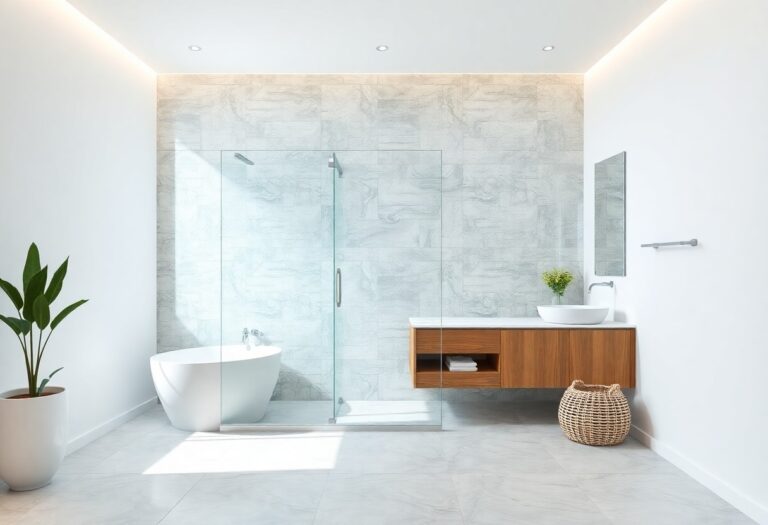 Modern bathroom with a sleek frameless glass shower enclosure, textured tiles, and built-in niches, showcasing a well-planned and stylish home decor idea.