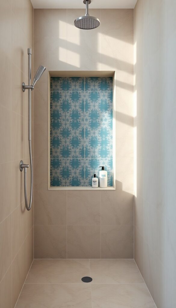 A small stand-up shower featuring a recessed niche with patterned blue and green tiles, showcasing functional storage in a bright, clean bathroom setting.
