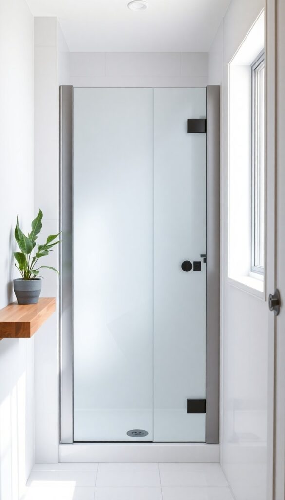 A small bathroom with a glass shower door showing frosted geometric patterns, matte black handles, plants on a shelf, and bright natural lighting for a modern, airy look.