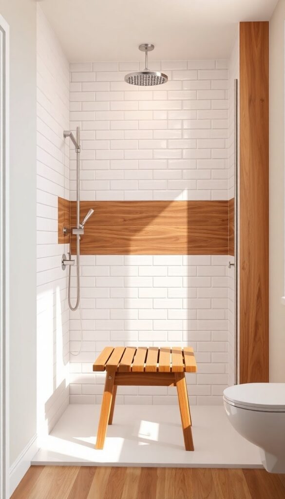 A small stand-up shower with wood-look tiles and a teak bench, creating a cozy and inviting atmosphere with natural light.