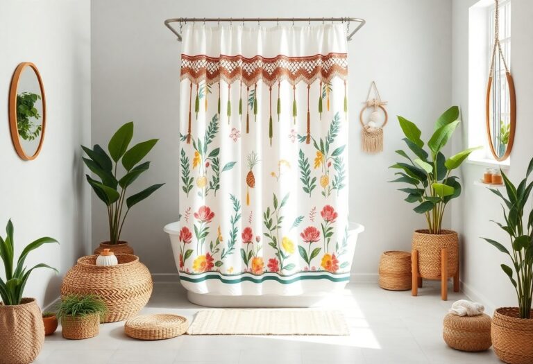 Boho bathroom with a colorful macramé-trimmed shower curtain, plants, and natural decor elements in soft light.