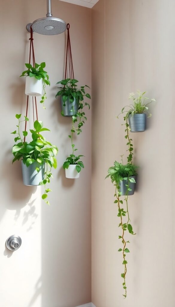 Vertical planters with greenery in a small stand-up shower using wall space effectively