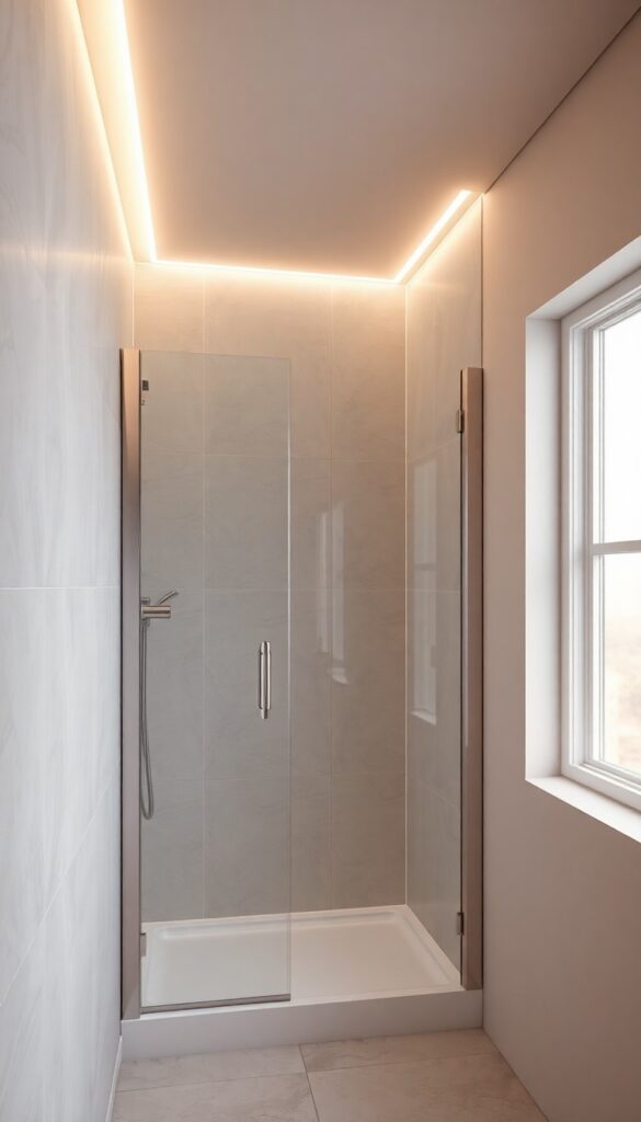 A small stand-up shower with discreet LED strip lighting along the ceiling, providing soft ambient glow in a modern bathroom with neutral tiles and natural light.