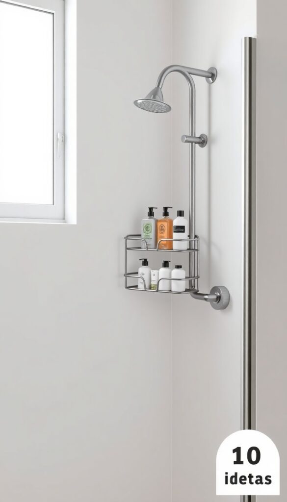 A corner caddy in a small stand-up shower, using vertical space efficiently to organize toiletries with a sleek design
