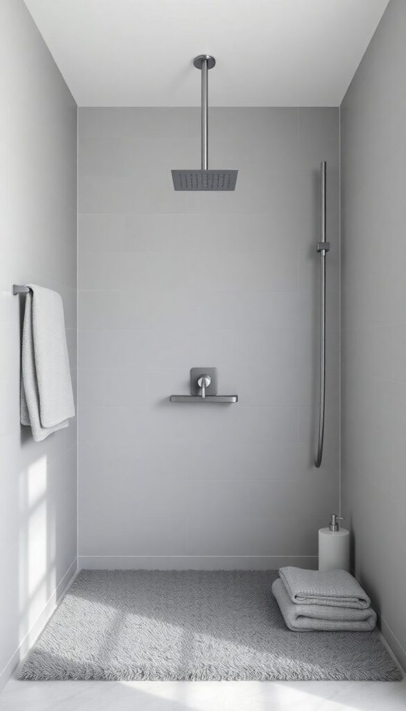 A small stand-up shower with a monochromatic gray color scheme, showcasing matte tiles, glossy fixtures, and matching accessories to create a cohesive, open feel.