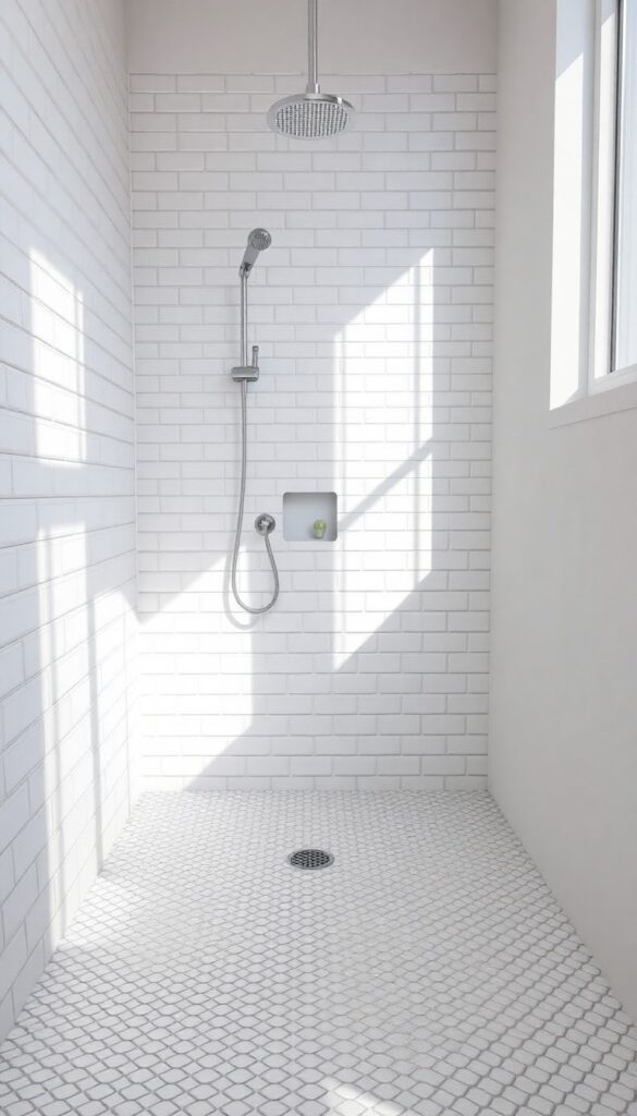 A small stand-up shower with textured floor tiles in a hexagon or mosaic pattern for safety and style.