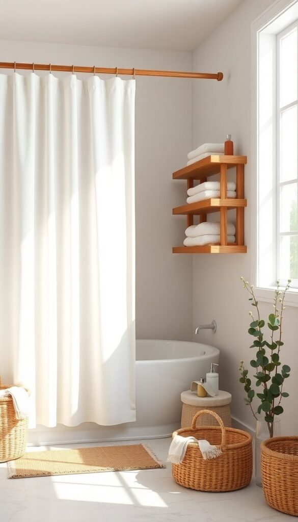 A linen-blend shower curtain in a rustic bathroom with wooden accents and natural elements, softening the space with understated elegance.