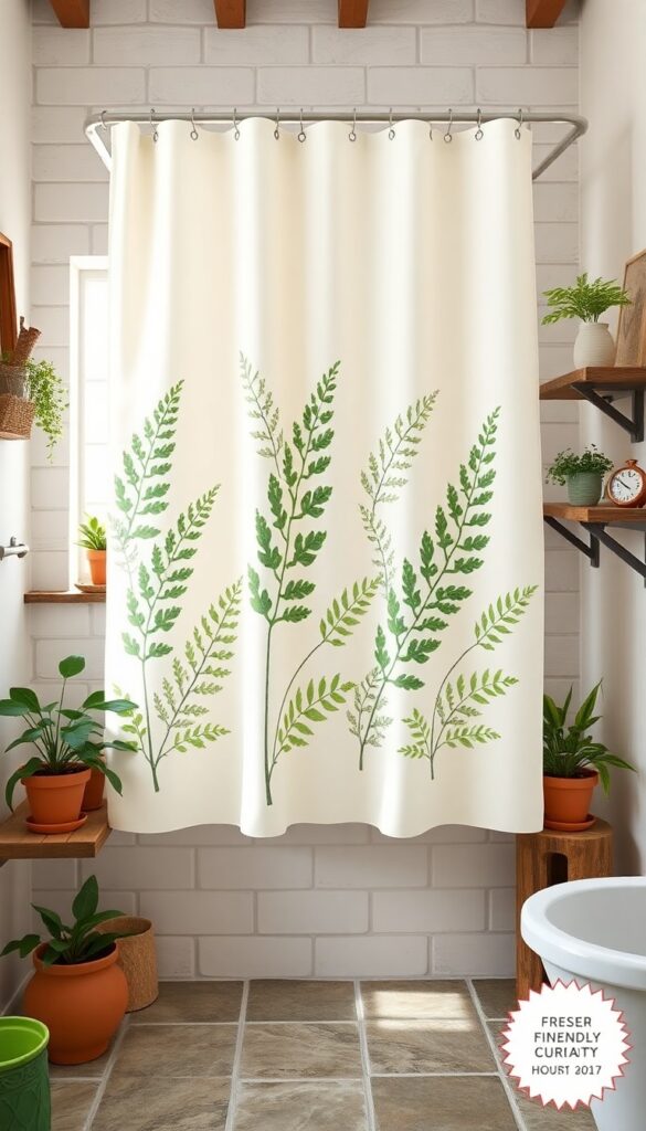 A cotton shower curtain with botanical fern print in a rustic bathroom with stone tiles and green plants